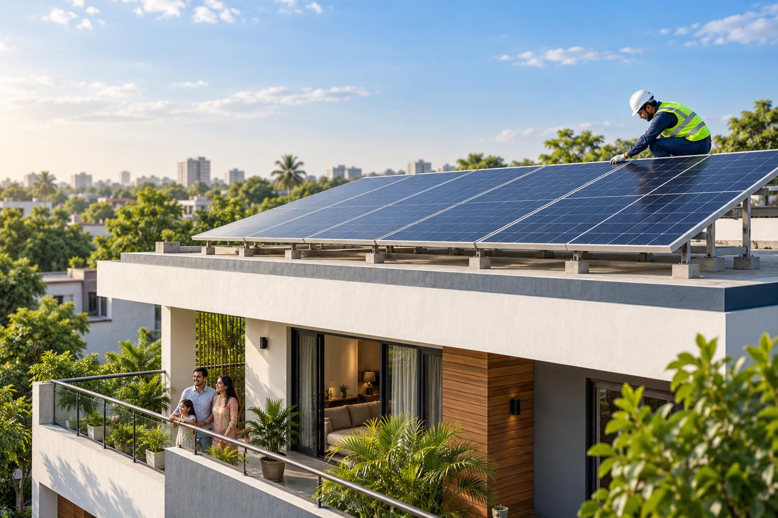 Illustration of a modern Indian home with rooftop solar panels and an installation technician